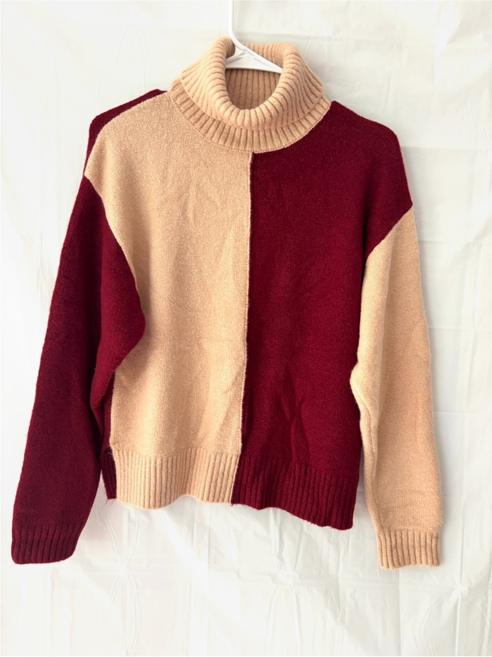 NWOT Lulu's Cozy On Over Tan Burgundy Colorblock Turtleneck Sweater SZ XS